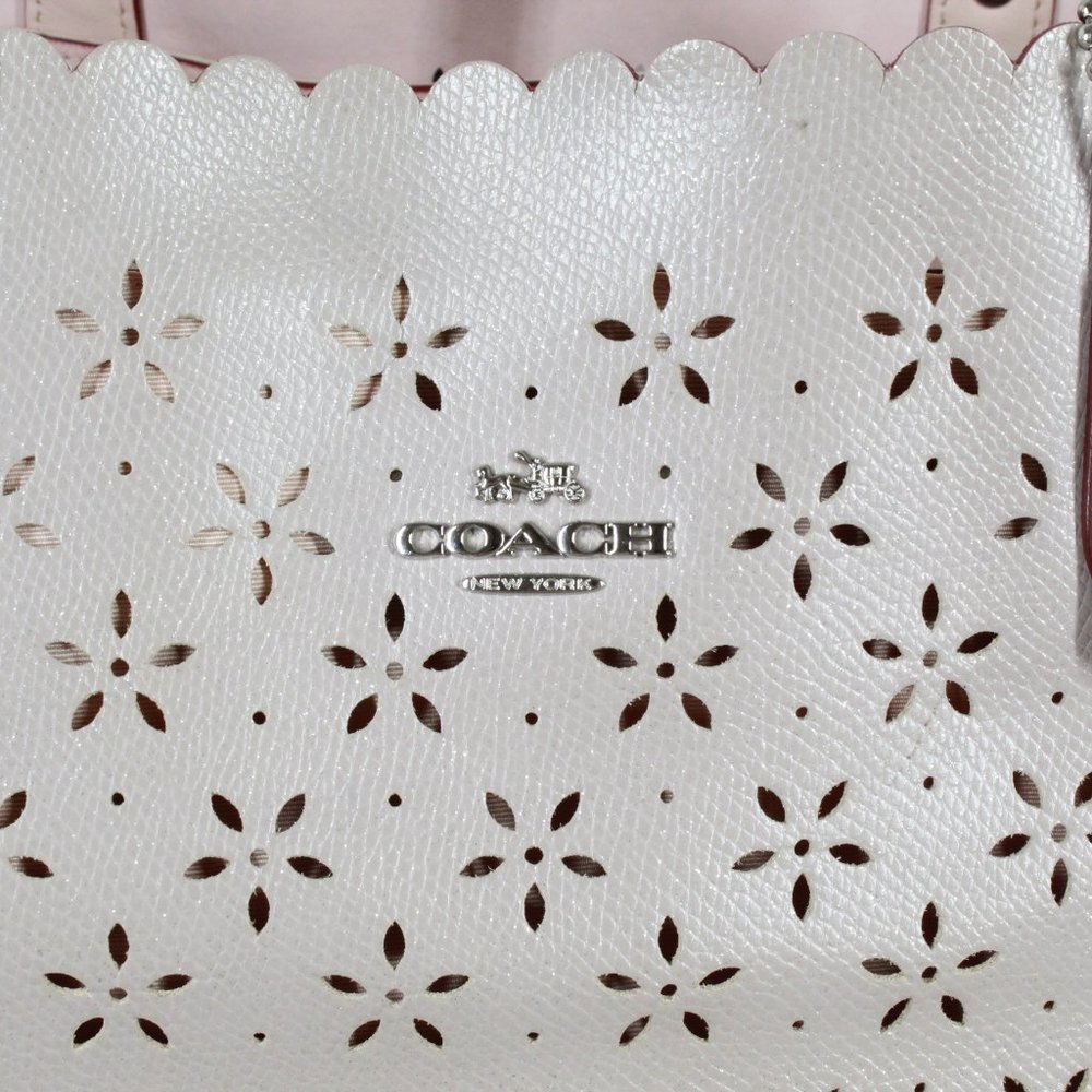 COACH Purple Floral Cutout Leather Tote Handbag - Picture 11 of 11